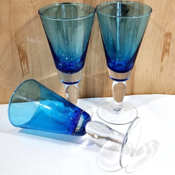 3) Crate Barrel Aqua Seeded Bubble Stem Water Sweet Tea Glasses - Picture 2 of 10